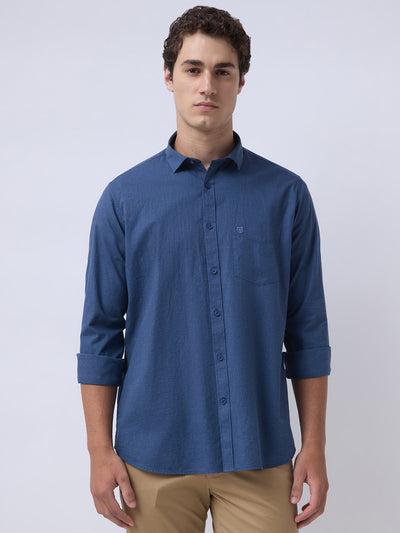 Men's Pure Cotton Melange Solid Regular Fit Full Sleeve Casual Shirt - Blue