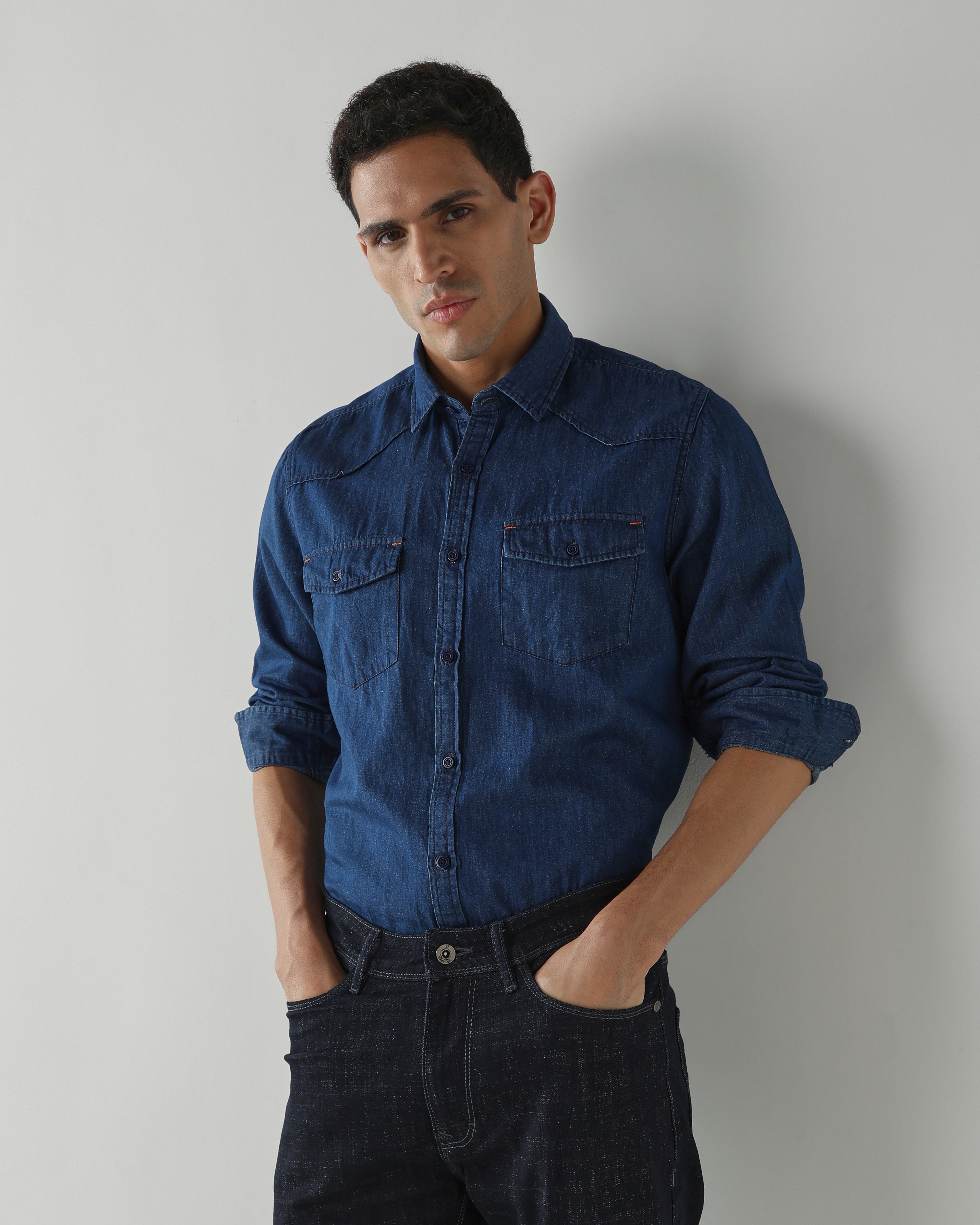 Premium Best Dark Blue Denim 100% Cotton Slim Fit Casual Full Sleeve Shirt