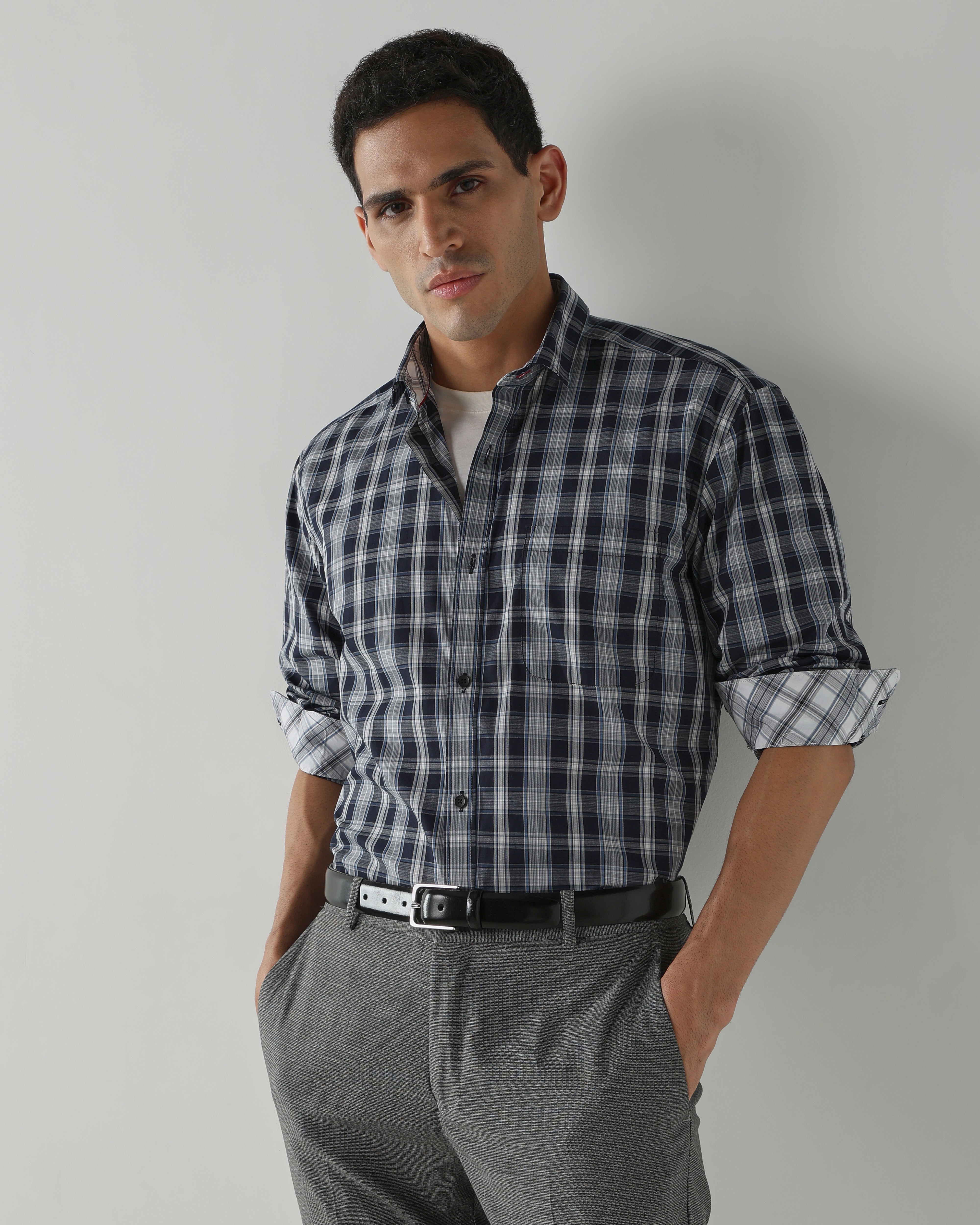 Navy/White Pure Cotton Shirts for Men | Regular Fit Luxury Wear
