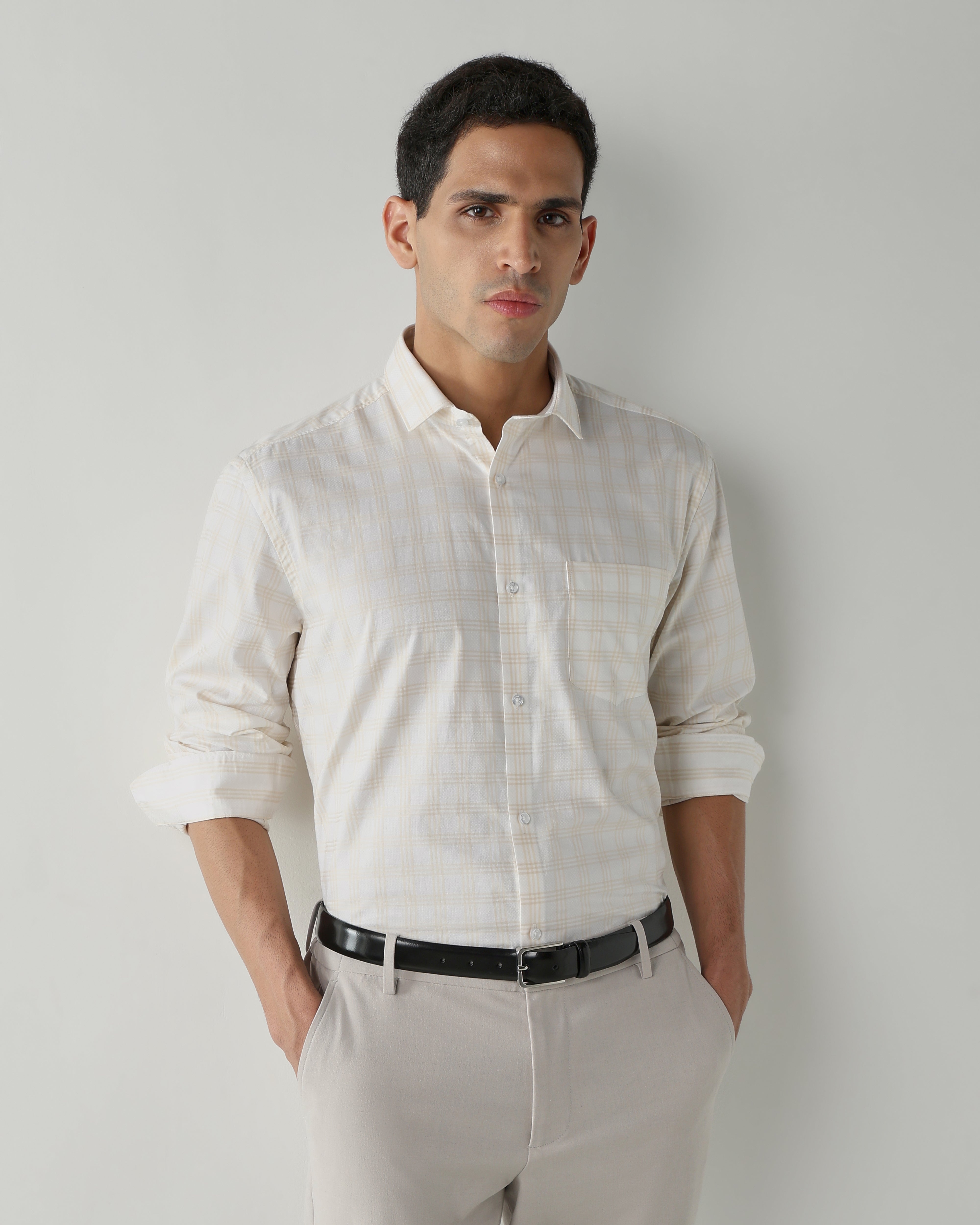 White/Beige 100% Cotton Checks Shirts For Men | Regular Fit Fashion Formal Wear