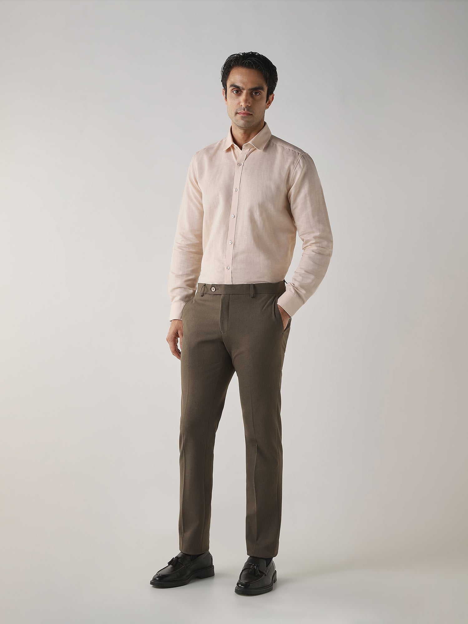 Khaki Cotton Blend Flat Front Slim Fit Formal Trouser