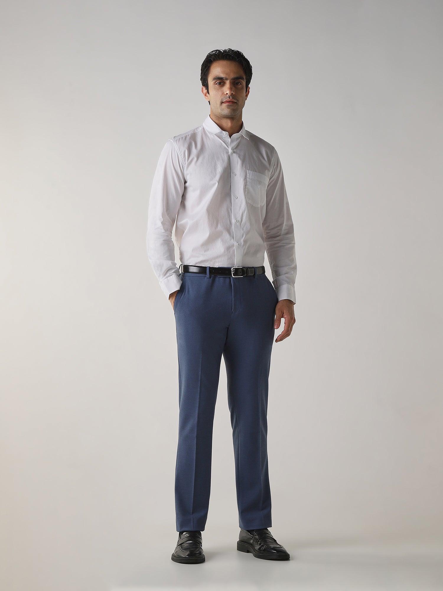 Royal Blue Cotton Blend Flat Front Slim Fit Formal Trouser