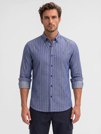 Men's Pure Cotton Stripes Slim Fit Full Sleeve Casual Shirt - Blue