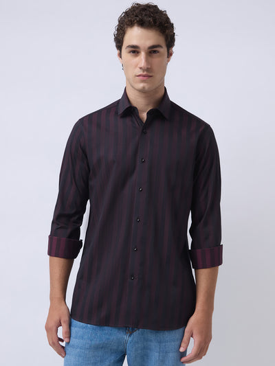 Men's Pure Cotton Stripes Slim Fit Full Sleeve Casual Shirt - Maroon