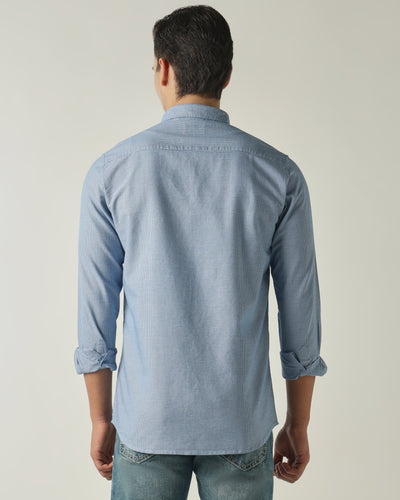 Men's Pure Cotton Houndstooth Checks Slim Fit Full Sleeve Casual Shirt - Blue