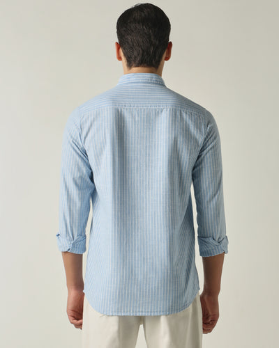 Men's Pure Cotton Stripes Slim Fit Full Sleeve Casual Shirt - Blue