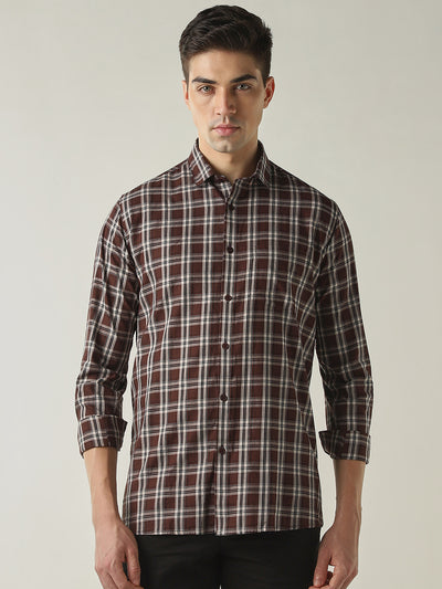 Men's Pure Cotton Checks Slim Fit Full Sleeve Casual Shirt - Maroon