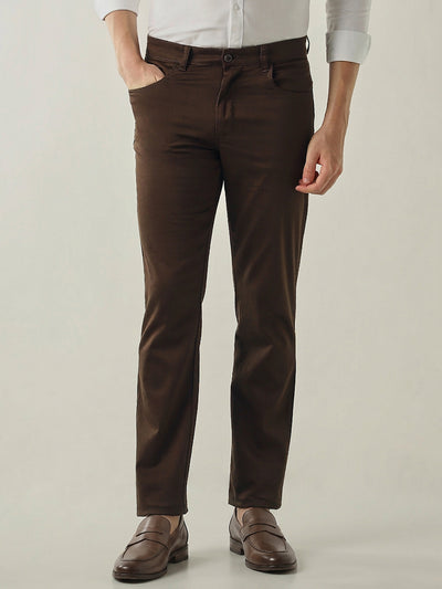 Men's Solid Cotton Lycra Solid Regular Fit Casual Trousers - Brown