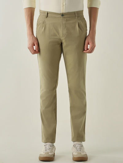 Men's Solid Pure Cotton Solid Regular Fit Casual Trousers - Olive