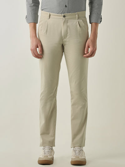 Men's Solid Pure Cotton Solid Regular Fit Casual Trousers - Pista