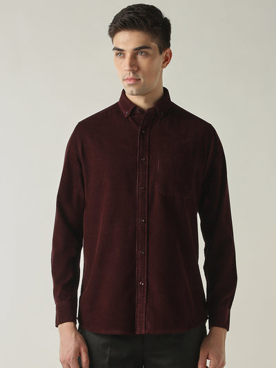 Men's Pure Cotton Corduroy Solid Slim Fit Full Sleeve Formal Shirt - Maroon