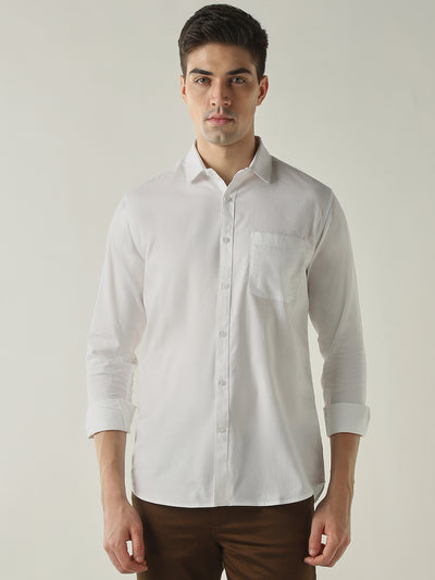 Men's Pure Cotton Herringbone Solid Slim Fit Full Sleeve Casual Shirt - White