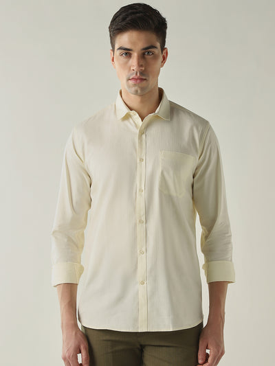 Men's Pure Cotton Herringbone Solid Slim Fit Full Sleeve Casual Shirt - Yellow