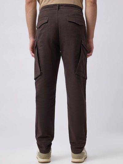 Men's Solid Cotton Stretch Regular Fit Casual Trousers - Brown