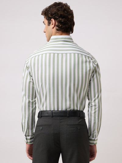 Men's Pure Cotton Dobby Stripes Slim Fit Full Sleeve Formal Shirt - Green