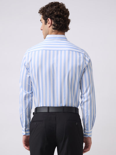 Men's Pure Cotton Dobby Stripes Slim Fit Full Sleeve Formal Shirt - Sky Blue