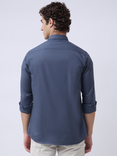 Men's Pure Cotton Dobby Solid Slim Fit Full Sleeve Casual Shirt - Navy