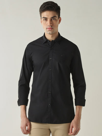 Men's Pure Cotton Solid Slim Fit Full Sleeve Casual Shirt - Black