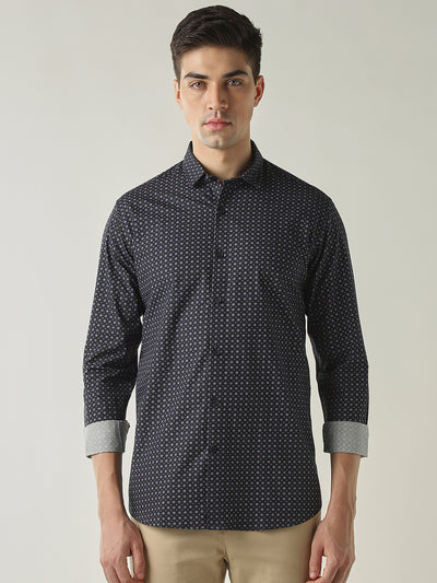 Men's Pure Cotton Printed Slim Fit Full Sleeve Casual Shirt - Navy