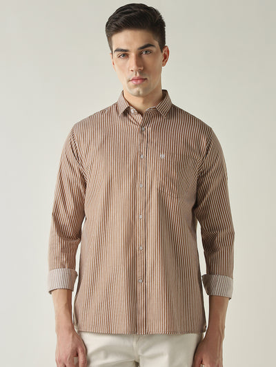 Men's Pure Cotton Stripes Regular Fit Full Sleeve Casual Shirt - Beige