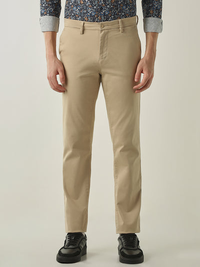 Men's Solid Cotton Lycra Solid Regular Fit Casual Trousers - Cream