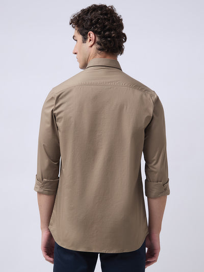 Men's Cotton Stretch Solid Slim Fit Full Sleeve Casual Shirt - Khaki