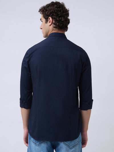 Men's Pure Cotton Solid Regular Fit Full Sleeve Casual Shirt - Navy