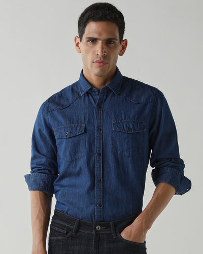 Premium Best Dark Blue Denim 100% Cotton Slim Fit Casual Full Sleeve Shirt