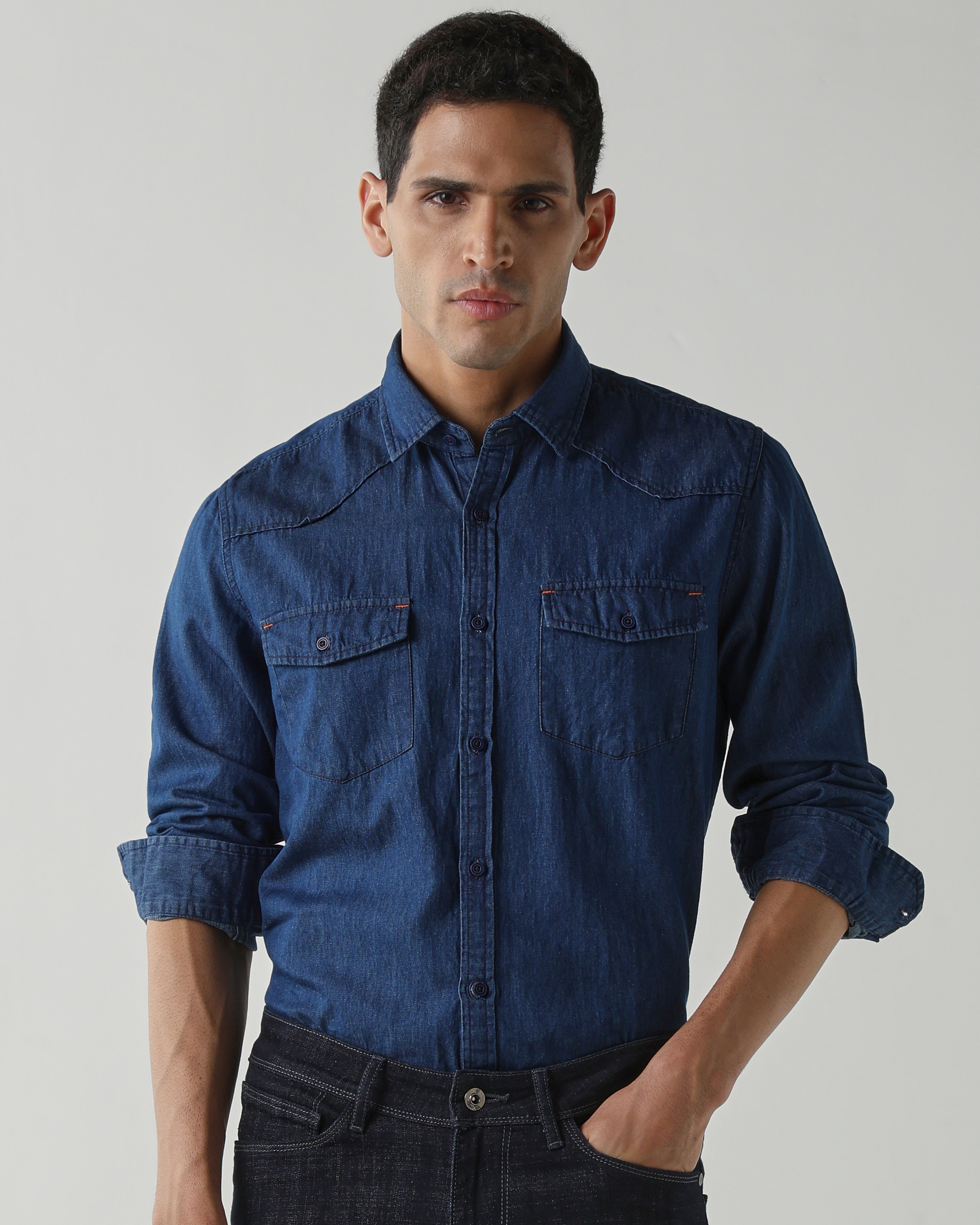 Premium Best Dark Blue Denim 100% Cotton Slim Fit Casual Full Sleeve Shirt