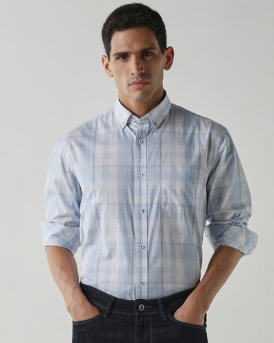Men's Pure Cotton Checks Regular Fit Full Sleeve Casual Shirt - Blue