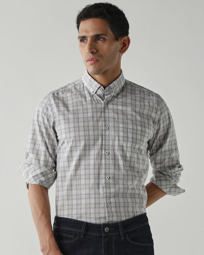 Men's Pure Cotton Checks Slim Fit Full Sleeve Casual Shirt - White & Grey