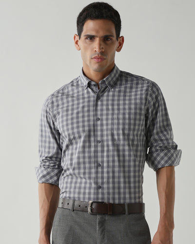 Men's Pure Cotton Checks Slim Fit Full Sleeve Casual Shirt - Grey & White