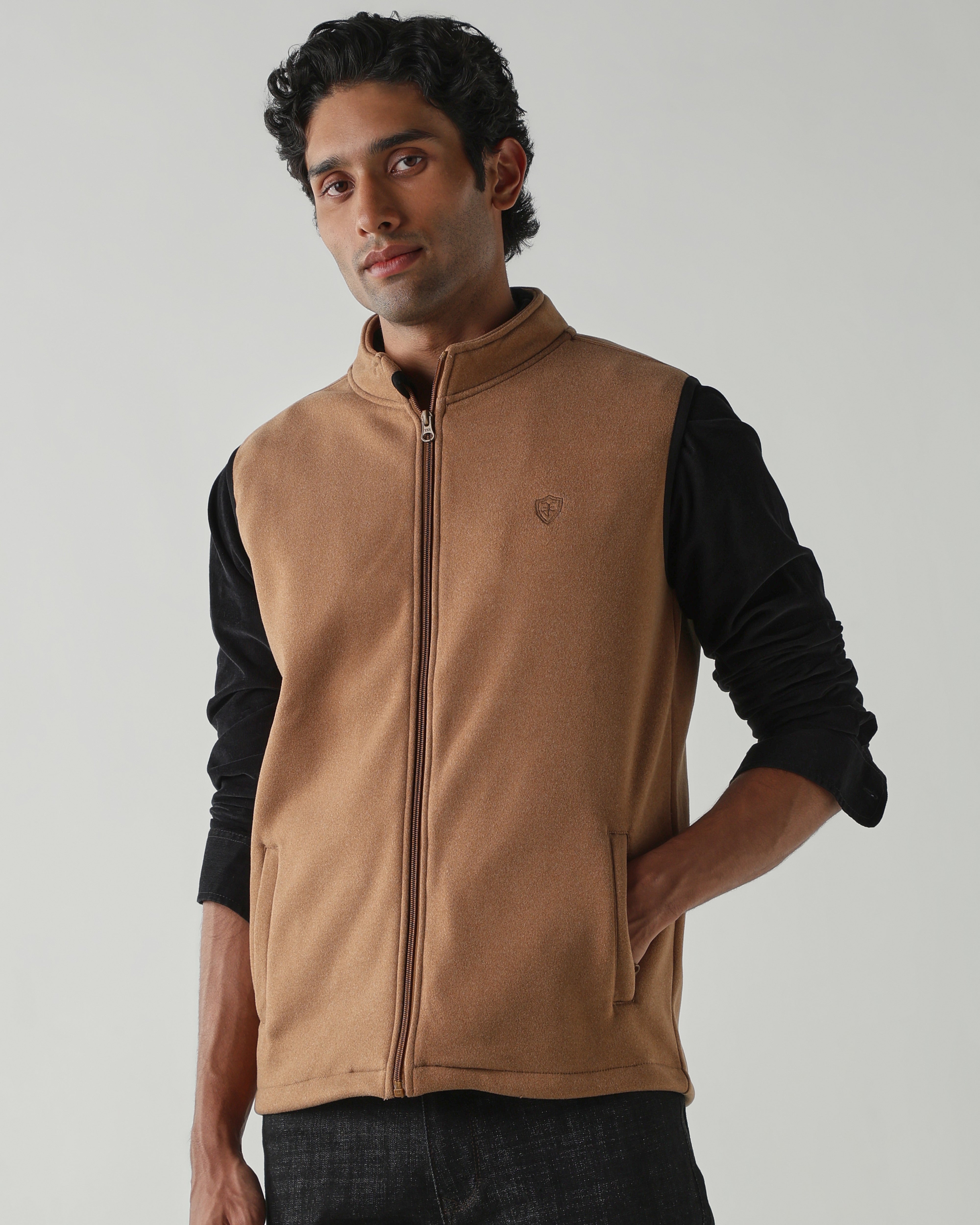 Round Neck Sleeveless Jackets – Dark Camel