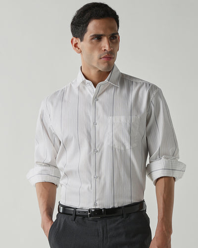 Men's Pure Cotton Stripe Regular Fit Full Sleeve Formal Shirt - White & Grey