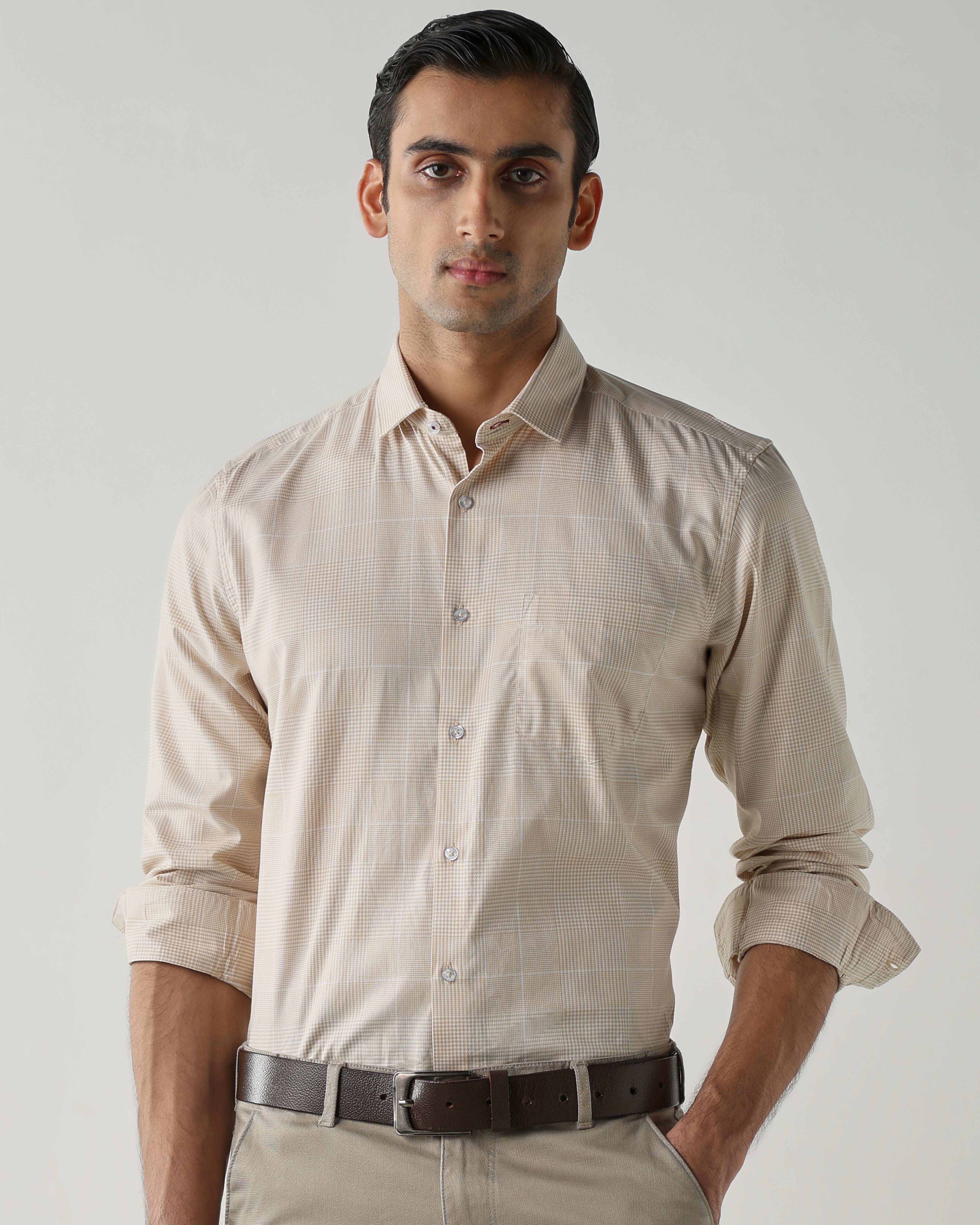 Beige/White Pure Cotton Shirts for Men | Slim Fit Luxury Wear