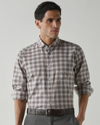 Men's Pure Cotton Checks Slim Fit Full Sleeve Casual Shirt - White & Brown