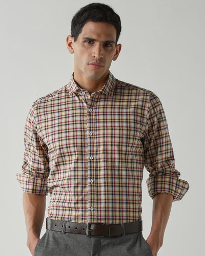 Men's Pure Cotton Checks Slim Fit Full Sleeve Casual Shirt - White & Red
