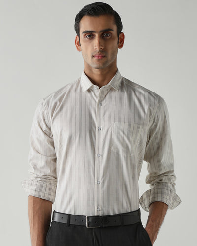 Men's Pure Cotton Stripe Regular Fit Full Sleeve Formal Shirt - Off White & Brown