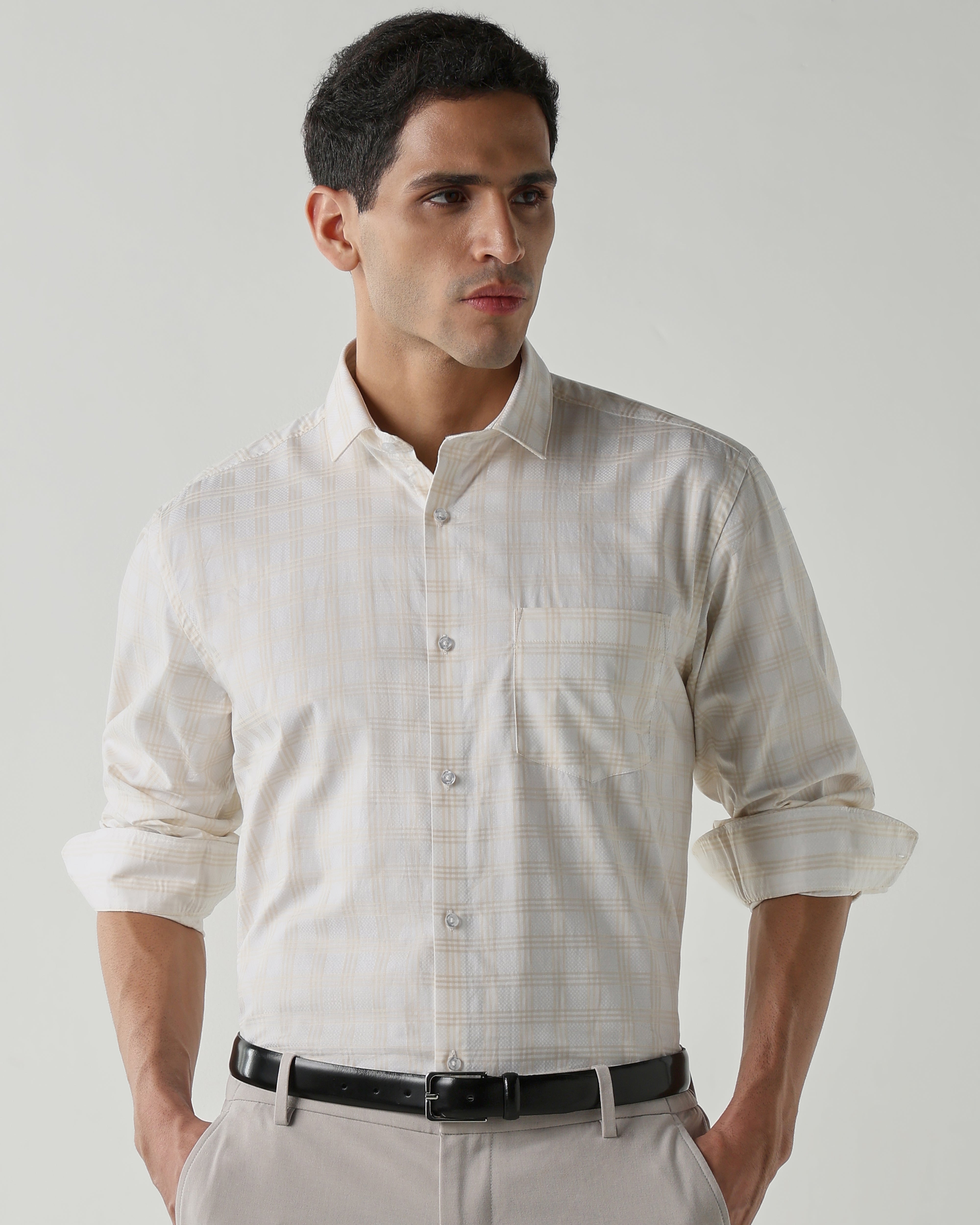 White/Beige 100% Cotton Checks Shirts For Men | Regular Fit Fashion Formal Wear