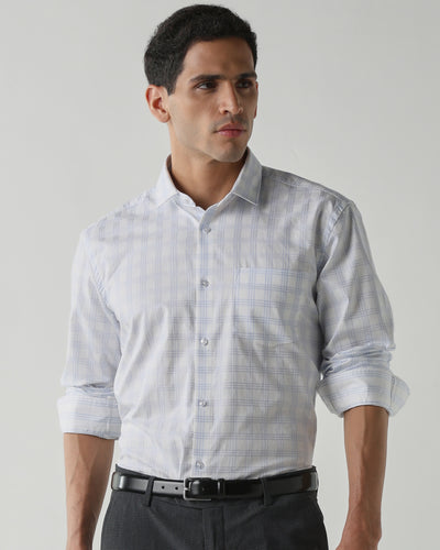 Men's Pure Cotton Checks Regular Fit Full Sleeve Formal Shirt - White & Blue