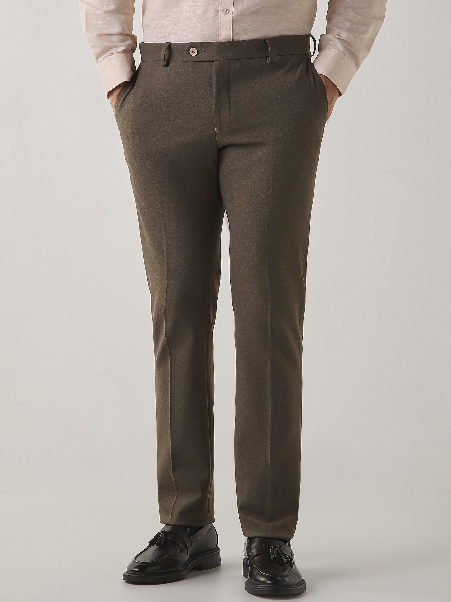 Khaki Cotton Blend Flat Front Slim Fit Formal Trouser