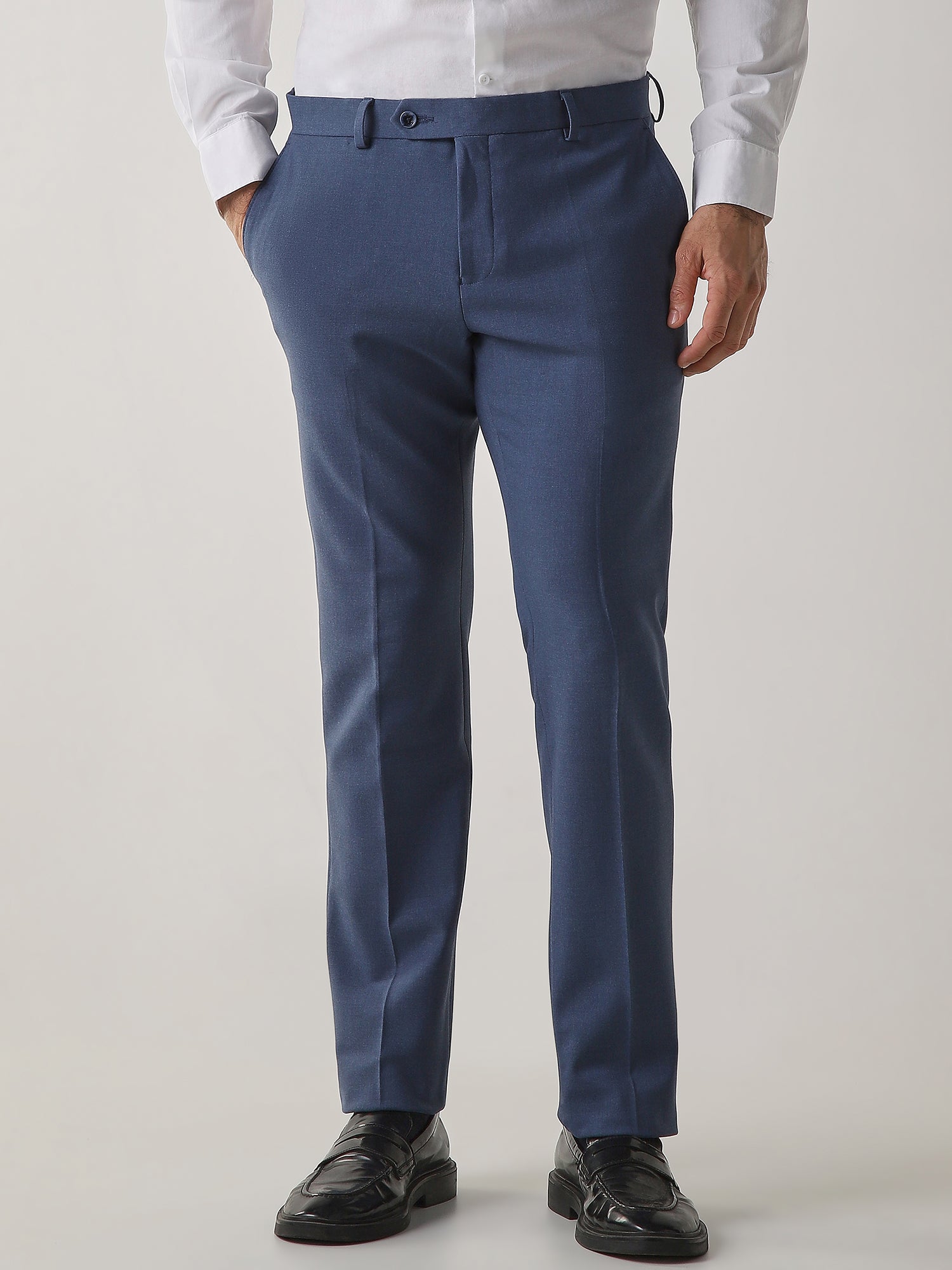 Royal Blue Cotton Blend Flat Front Slim Fit Formal Trouser