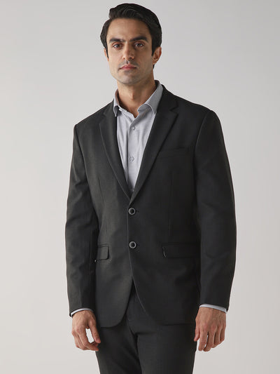 Dark Grey Textured Cotton Blend Tailored Fit Formal Blazer