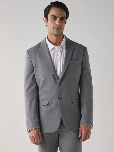 Mid Grey Textured Cotton Blend Tailored Fit Formal Blazer