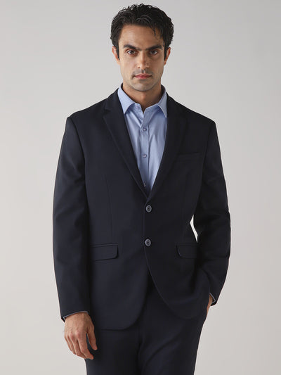 Navy Textured Cotton Blend Tailored Fit Formal Blazer