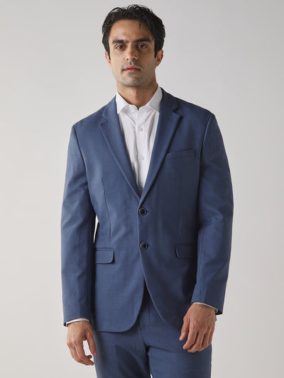 Royal blue Textured Cotton Blend Tailored Fit Formal Blazer