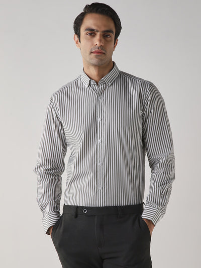 Men's COTTON Stripe Stripe Slim Fit Full Sleeve Casual Shirt - White & Grey