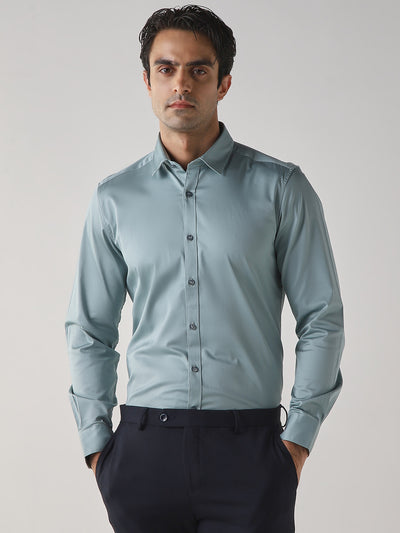 Men's Cotton Stretch Plain Slim Fit Full Sleeve Formal Shirt - Light Green