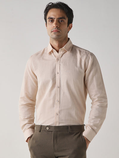 Men's Cotton Linen Plain Slim Fit Full Sleeve Formal Shirt - Beige
