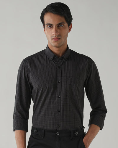 Men's Pure Cotton Checks Slim Fit Full Sleeve Casual Shirt - Black